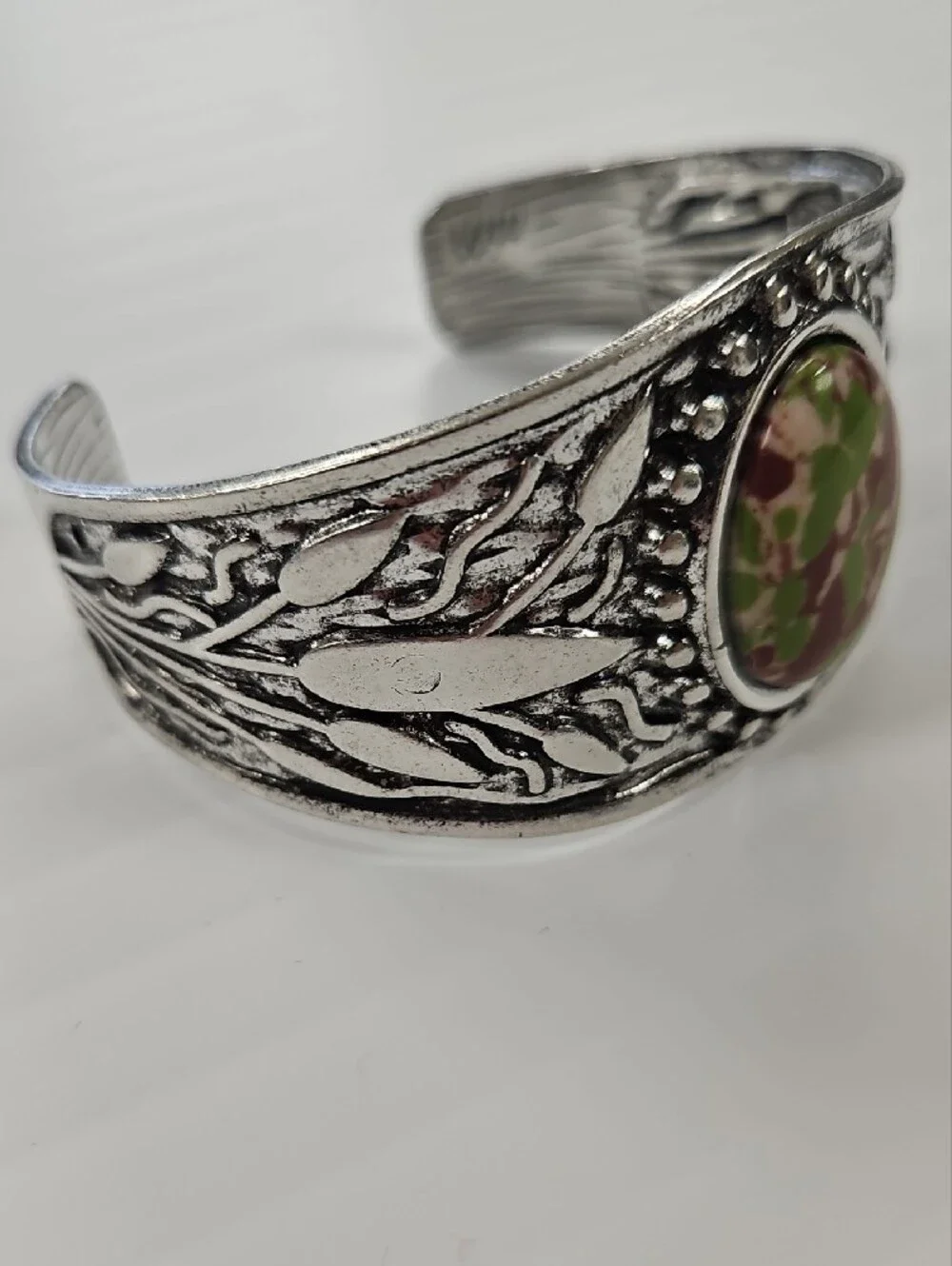 Silver-Tone Floral Cuff Bracelet with Green and Burgundy Stone